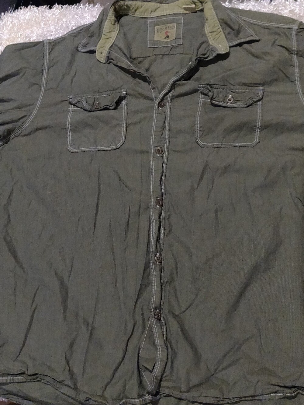 Men's Redhead Brand Olive Green Button-Front Casual Button Up Short Sleeve Sz XL